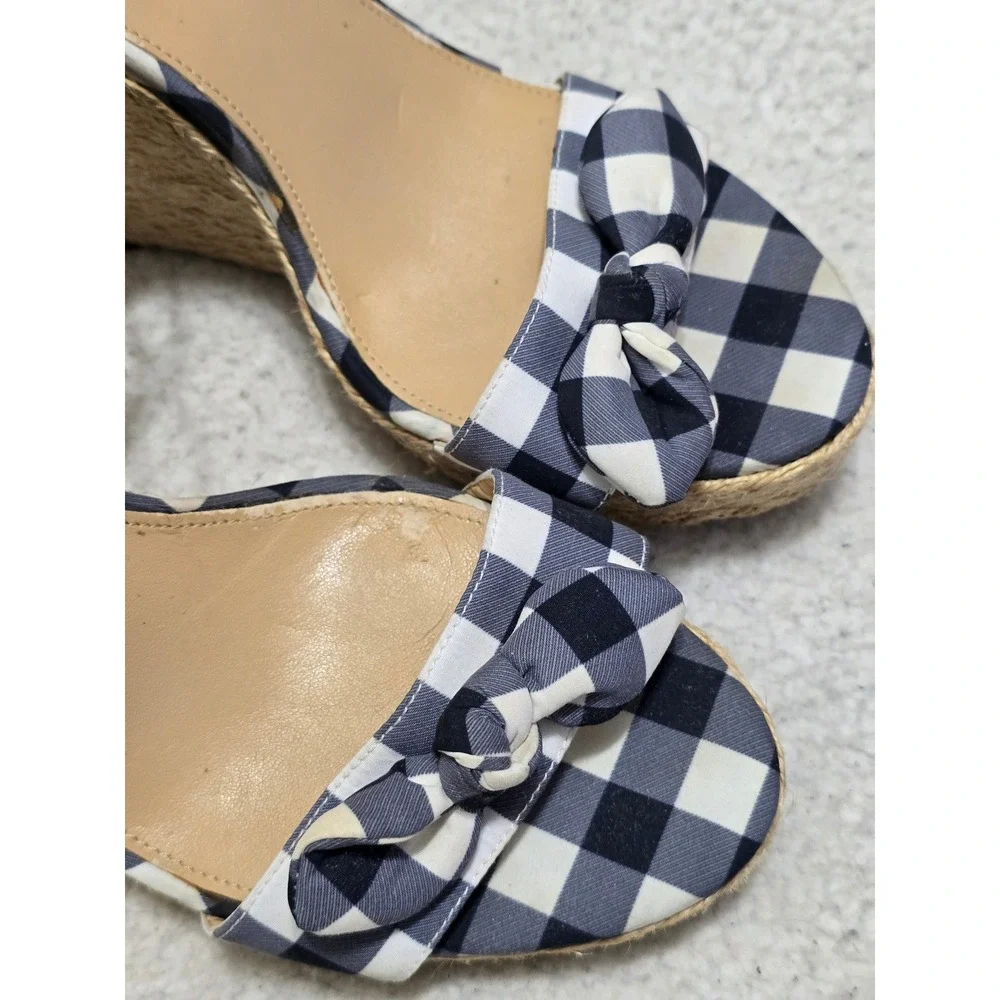 Michael Kors Gingham Espadrille Wedge Sandals Navy White Bow 11M